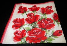 Vintage Hankie Pretty Red Long Stemmed Roses Floral Hand Rolled