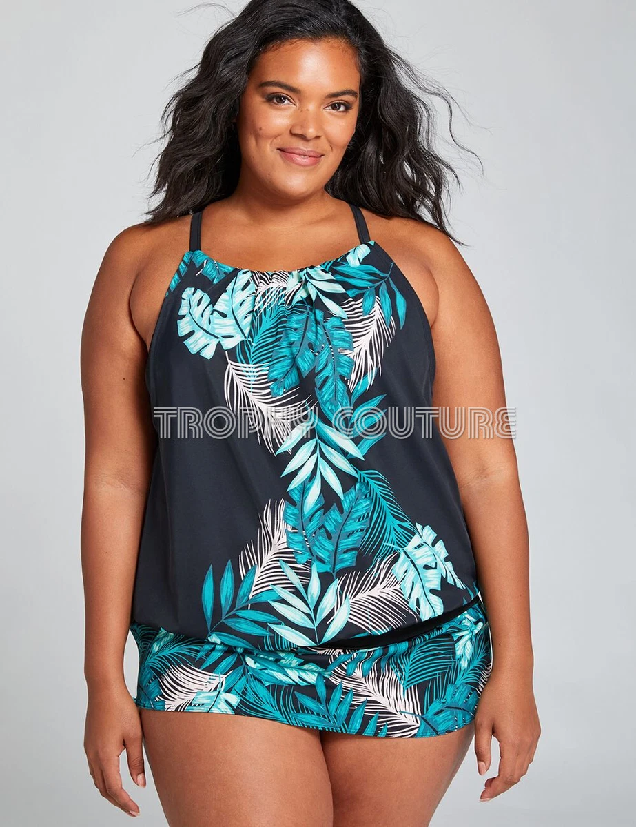 LANE BRYANT CACIQUE SWIM DESERT PALMS NO WIRE BRA BLOUSON TANKINI