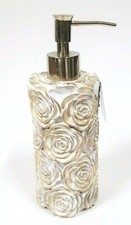 NEW PERI BEIGE+WHITE ROSE FLOWER CARVED RESIN SOAP,LOTION DISPENSER SILVER PUMP