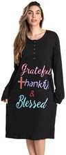 Women's Cotton Long Sleeve Nightgown Sleep Dress 1X Plus Black-Grateful Thankful