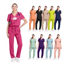 Summer Comfort Fashion Women Medical Scrub Set Nursing Uniform V-Neck Straight
