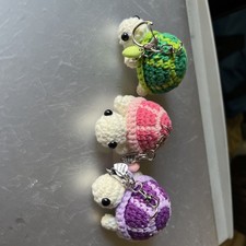 Handmade Crochet Turtle Keychain/Bag Charm multicolor Silver Tone Metal 2.5  long