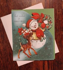 VTG "Jolly Snowman With Baby Raindeer" Christmas Greeting Card wEnv 5"x6" DieCut