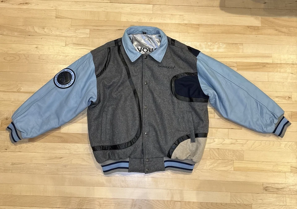 Vintage Davoucci Men’s 4XL Leather Varsity Bomber Jacket Hip Hop 90s Blue Gray - Image 3 of 4