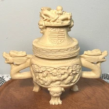 Dragon Incense Burner Faux Bone Resin Ornate Sculpture Decor Chinese Asian Lid