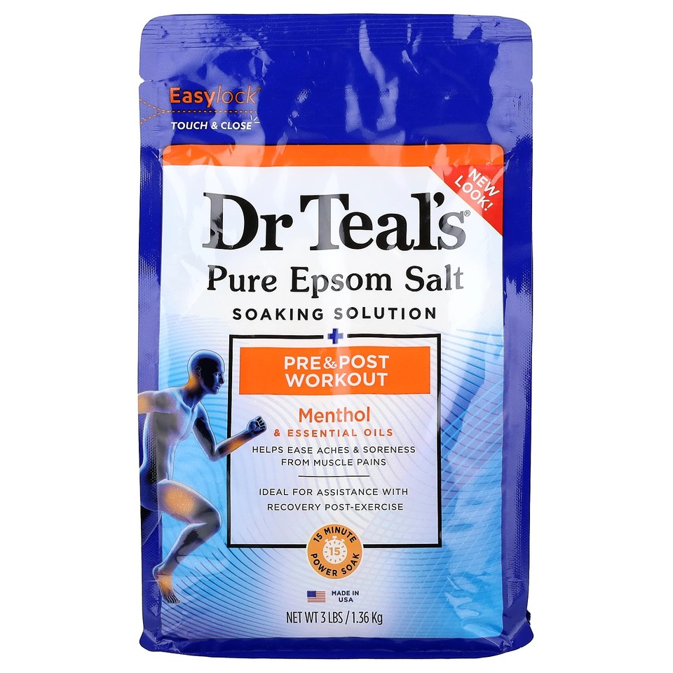 Pure Epsom Salt Soaking Solution, Pre & Post Workout, Menthol & Essential Oils,