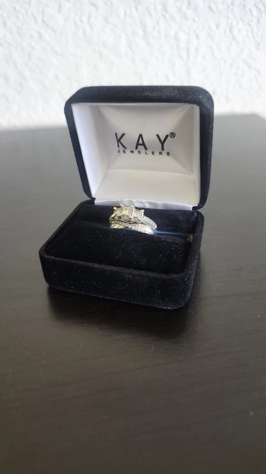 White Gold 3-Stone Princess Cut Diamond Wedding Ring Set From Kay Jewelers - Image 3 of 4