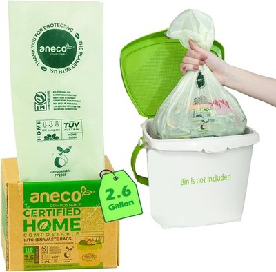 ANECO 100% Compostable Waste Bags 2.6 GAL (Flat Top Bags, 100 Count) 