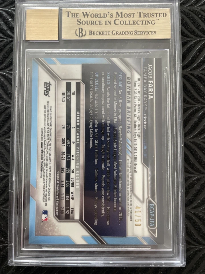 Refratores de ouro JACOB FARIA 2016 Bowman Chrome Prospect autógrafos /50 GEM 9,5 - Imagem 3 de 4