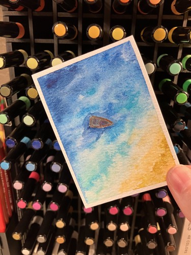 aceo original painting, boat in ocean, 2.5 x 3.5, watercolor, keris creations