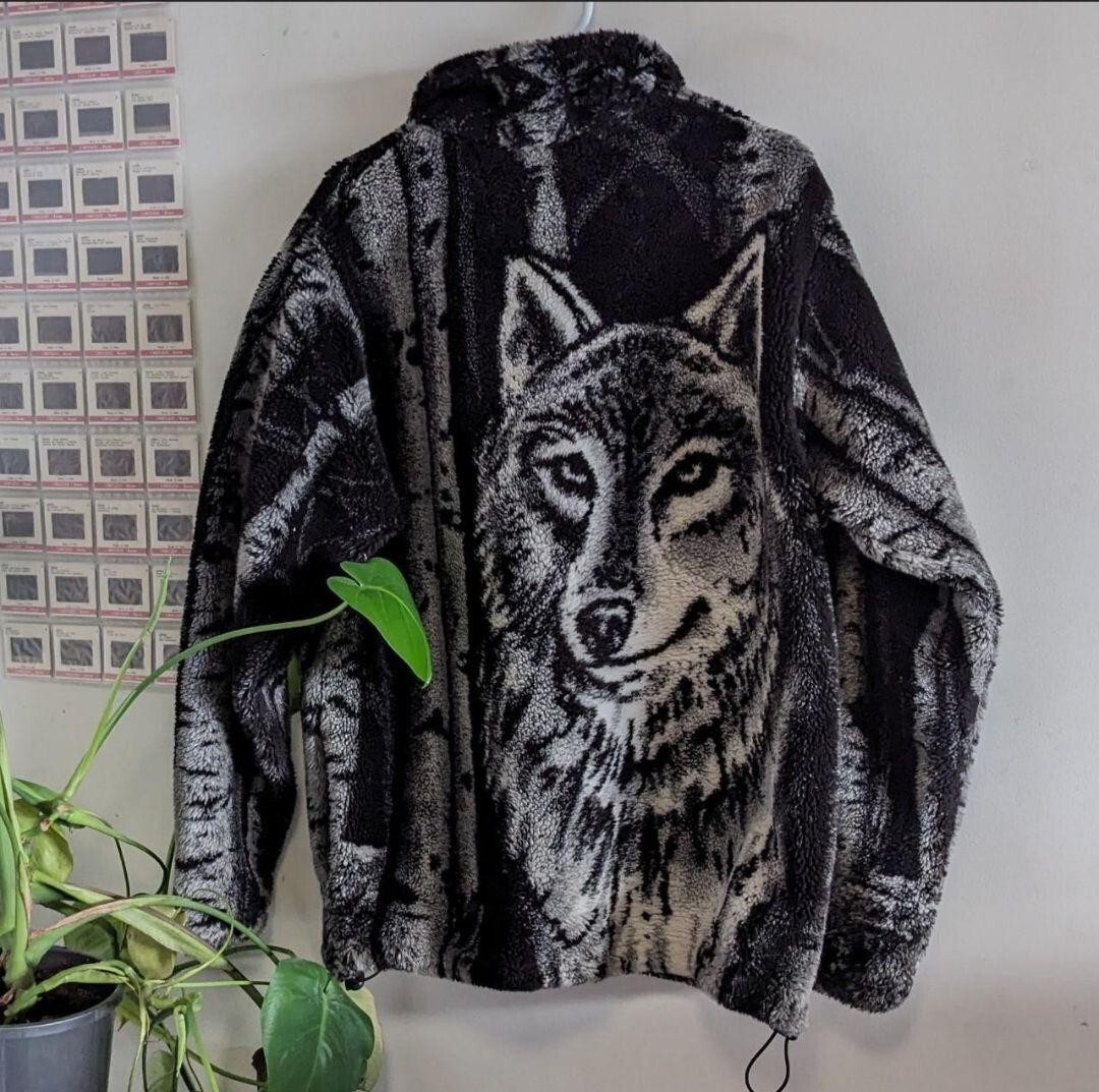 90s BLACK MOUNTAIN ウルフ フリース ジャケット 黒 XL　狼 90's BLACK MOUNTAIN オオカミ柄 フリースジャケット 表記(XL) USA製