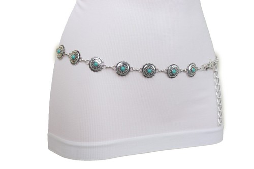 Women Western Fashion Belt Silver Metal Turquoise Blue Flower Charm Size S M L - Picture 13 of 23