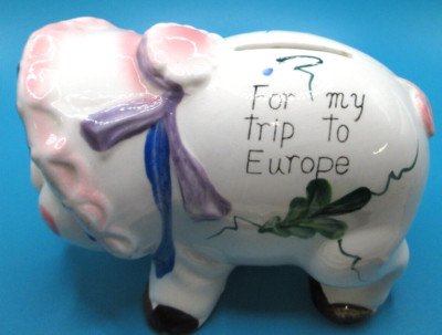 Vintage Ceramic Piggy Bank ''For My Trip To Europe''~3 1/2'' TALL X 5 1/4''
