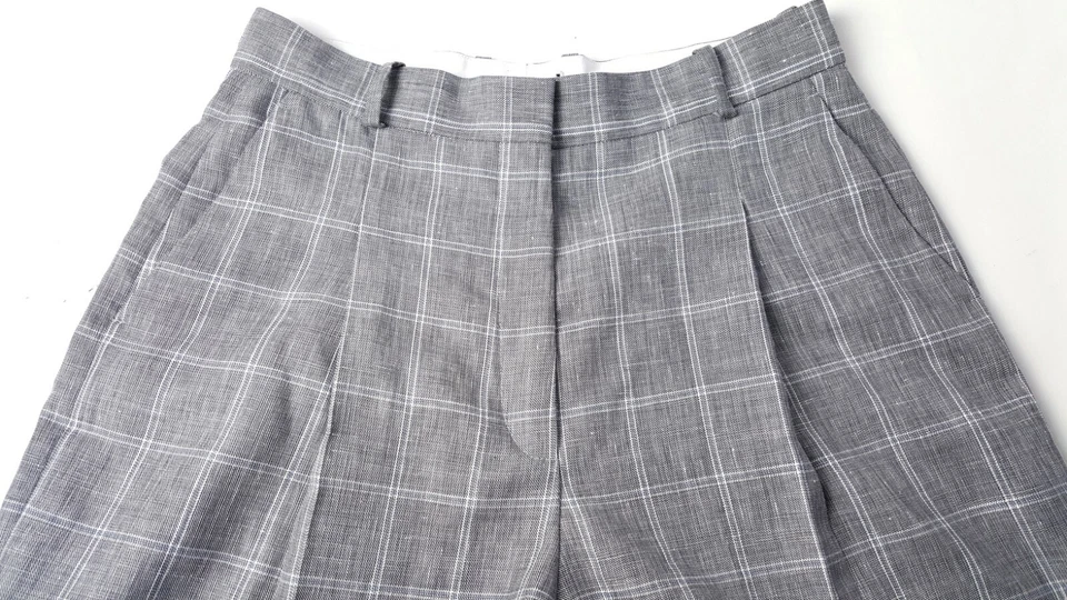 Pantalones Sandro Paris Mujer Talla 29 Lino Pierna Ancha Cintura Alta 29x27 Gris Cuadros Foto 3 de 4
