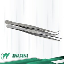 Micro Forceps Tweezers 5.5" (14cm) Fine Serrated STR+CRV Tips Stainless Steel CE