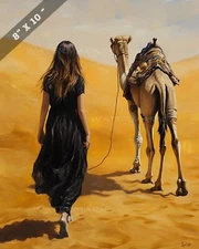 Golden Desert Girl Walking with Camel - 8x10 Matte Print (Realistic, Vibran