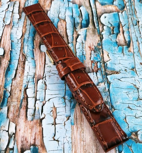 Hadley Roma 16 mm Brown Stitched Genuine Leather Alligator Grain Band MS836 - Picture 3 of 12