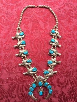 Ray Yazzie Native American Sterling Silver Turquoise Squash Blossom Necklace 
