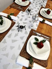 35 X 250CM CHRISTMAS TABLE RUNNER WHITE WITH SILVER CHRISTMAS TREES - 8 SEATER