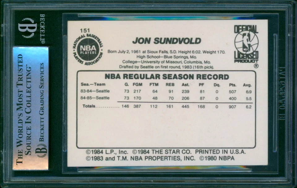 1985-86 Star JON SUNDVOLD Signed Card #151 Slabbed Auto San Antonio Spurs SP BAS - Image 2 of 2