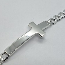 Sterling Silver Large Sideways Cross Bracelet Curb Link Chain Italy, 7" and 8"