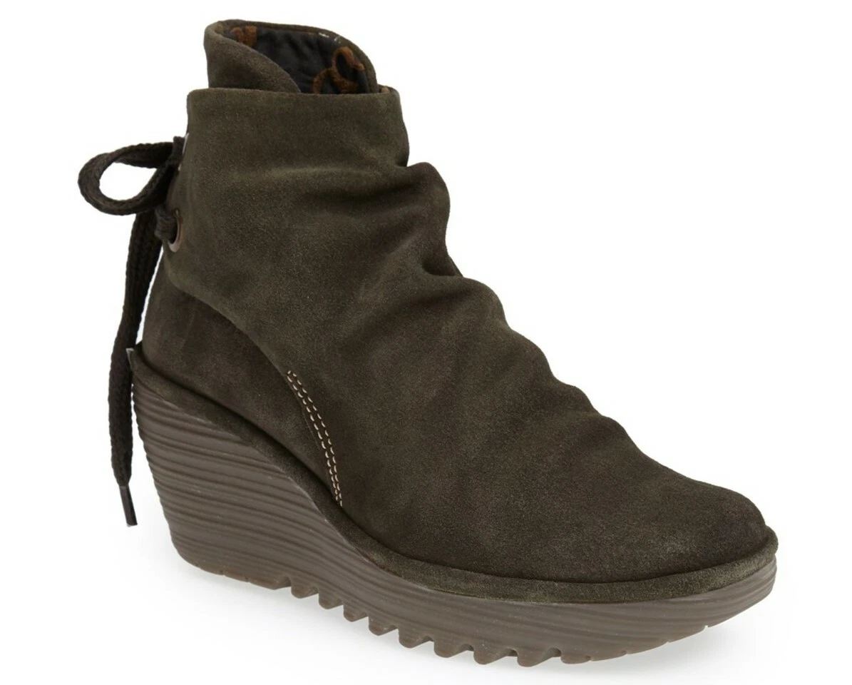 FLY LONDON SHOES YAMA SLUDGE GREEN SUEDE BOOTIES PLATFORM WEDGE