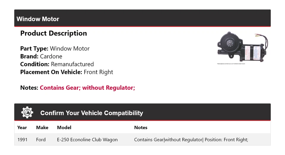 Мотор окна передний правый кардон для 1991 Ford E-250 Econoline Club Wagon - Изображение 2 из 4