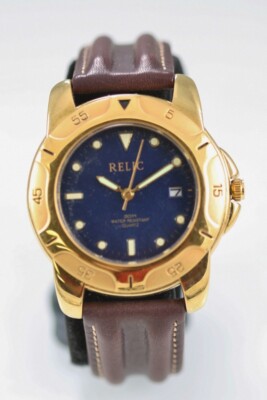 Relic Men Watch Gold Stainless Steel Brown Leather 30m Battery Date Blue Quartz