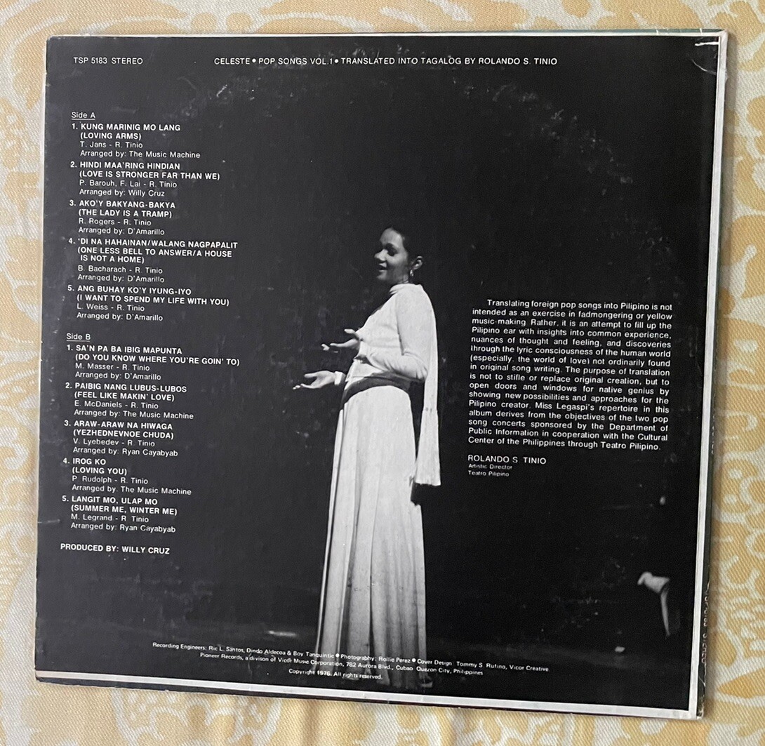Celeste Legaspi Pop Songs Volume 1 EX Vinyl 1976 Pioneer Original