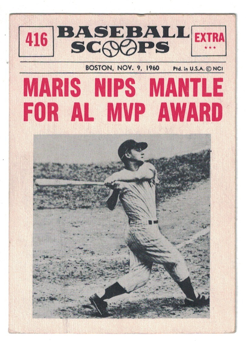 Maris Nips Mantle: For AL MVP Award #416 Baseball Cards 1961 NU Card Scoops trading card — raw and PSA graded price guide