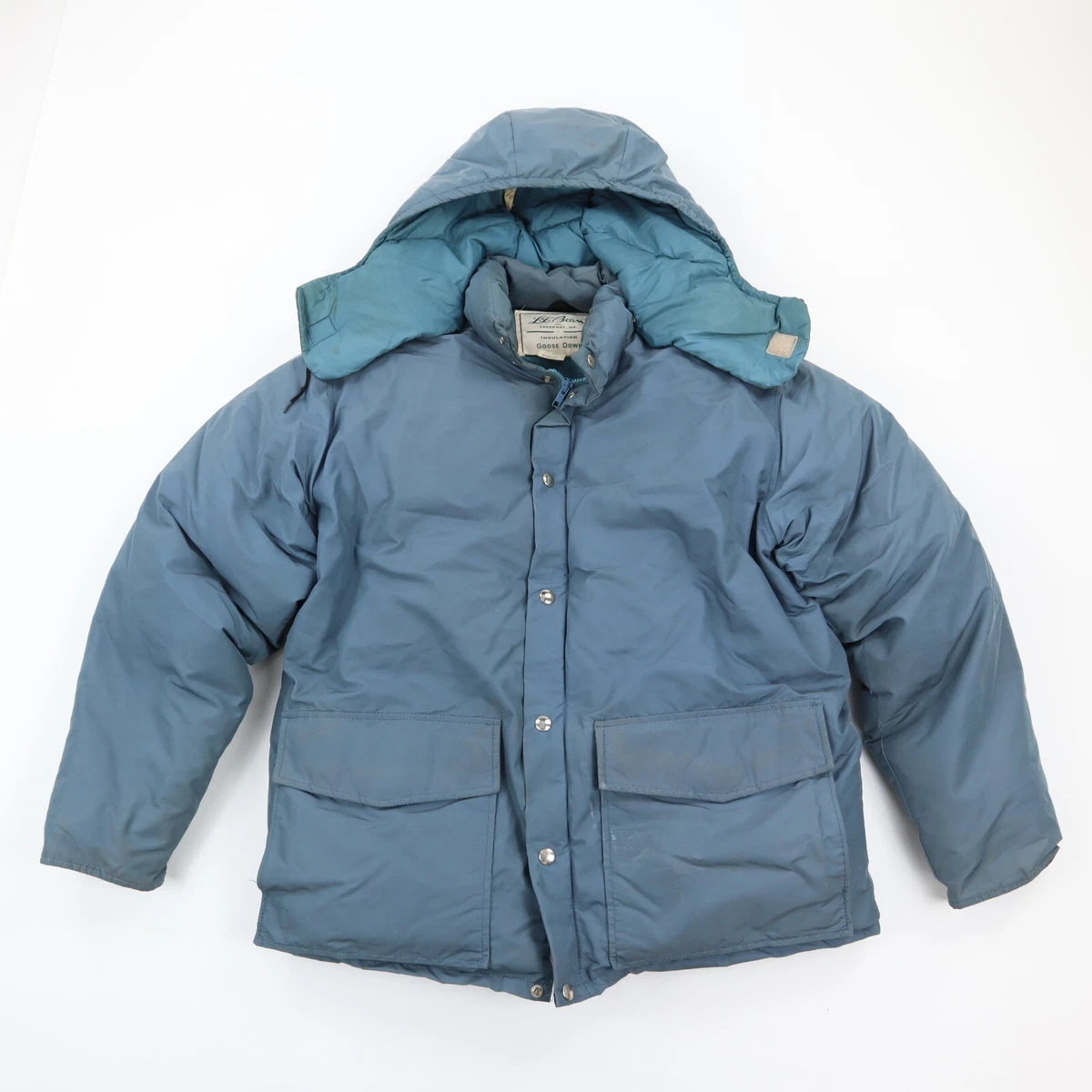 Vintage LL Bean Goose Down Puffer Jacket Coat w/ Hood Script Label Blue  Men's L | eBay
