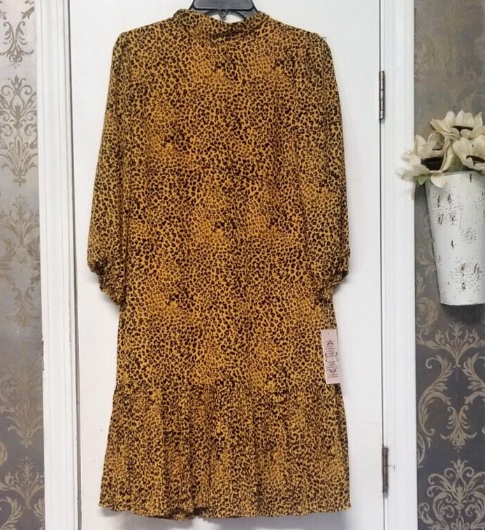 NANETTE LEPORE ЖЕНЩИН ЧЕРНЫЙ И ЖЕЛТЫЙ ЛЕОПАРД ПЛАТЬЕ 3/4 РУКАВ SZ 8 НОВЫЙ С ЯРЛЫКАМИ