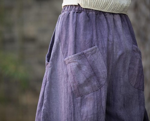Pantalone donna fatto a mano cravatta tinta unita ampio gamba larga lanterna lino cotone traspirante - Foto 8 di 20