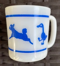 Vintage Hazel Atlas White Milk Glass Child’s Mug Blue Barnyard Farm Animals