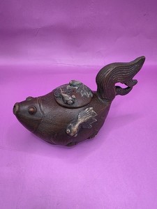 Beautiful Chinese Yixing Teapot With Dimensional Fish Signed