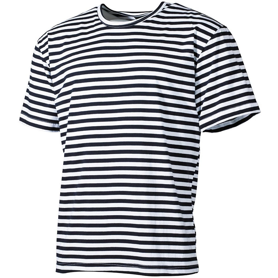 Marine T-Shirt S-6XL Bleu Blanc Rayé Demi Manches Russe Marins Chemise Armée - Photo 1/4