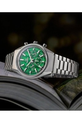 Timex Orologio Da Uomo Falcon Eye 40mm - Quadrante Verde Effetto Côtes De Genève, Cassa E Cinturino In Acciaio Inossidabile, Movimento Cronografo