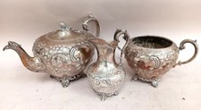Martin Hall & Co Sheffield c1850 Sterling Silver Repousse 3-Piece Tea Set 1.30kg