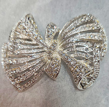 Silver Tone Bow Rhinestone Brooch Pin Round White/Colorless Rhinestones