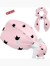 Pink Cat Surgical Scrub Cap with Button and Sweatband for Women with Bow Hair
