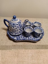 Miniature Porcelain Tea Set, Blue White Floral, Teapot, 4 Cups, Tray