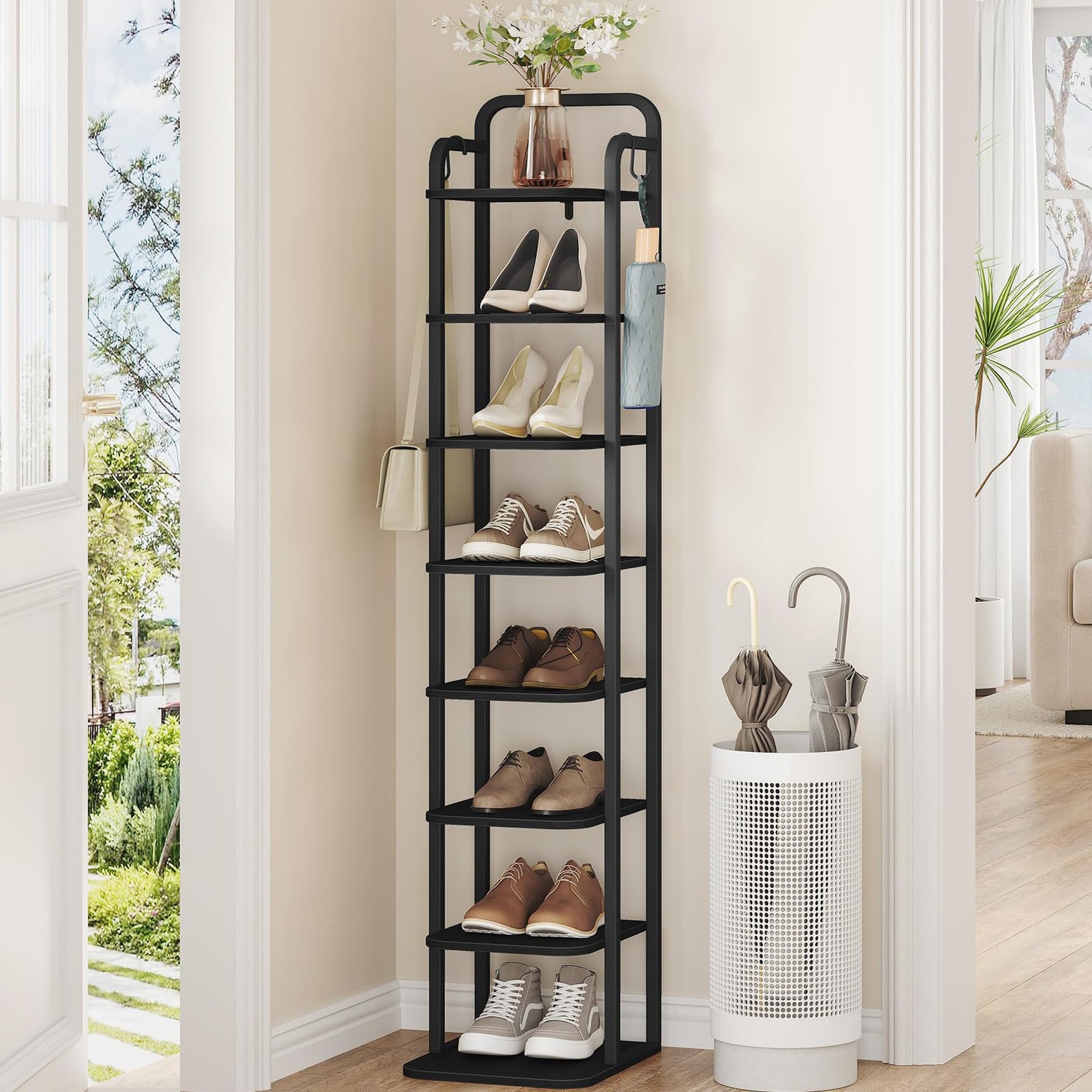8-Tier Narrow Vertical Shoe Rack Tower with Storage Hooks