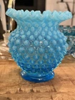 Fenton Blue Opalescent Hobnail Vase 4.25” Crimped Ruffle Rim Mint Condition