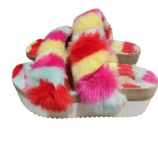 Women  s Faux Fur Slide Sandals Multicolor Rainbow Plush Slippers Size 6