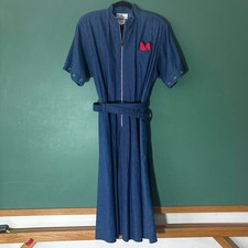 Vintage Willi of California Navy Denim Dress Red Pocket Zip Front Belted 12