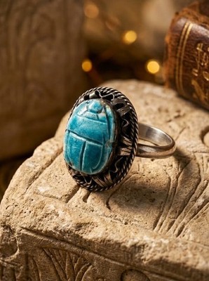 Vintage 1974 Faience Scarab ''Cleopatra Revival'' Sterling Silver Ring size 9  