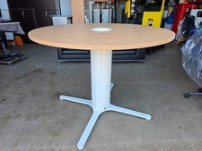High Circular Meeting Table - Oak Effect Top with White Pedestal Base - 140cm