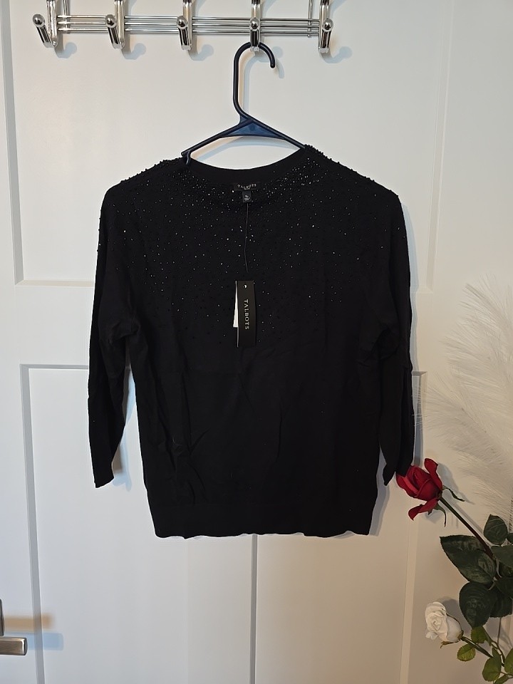 Talbots NWT Black Pullover Beaded Sweater Womens Small  Petite 3/4 Sleeves