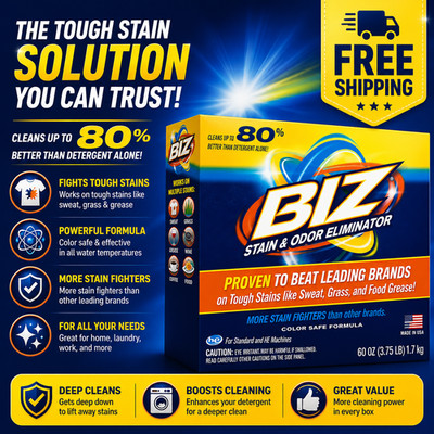 BIZ Stain and Odor Eliminator Powder for Tough Stains, 60 oz -Free Shipping
