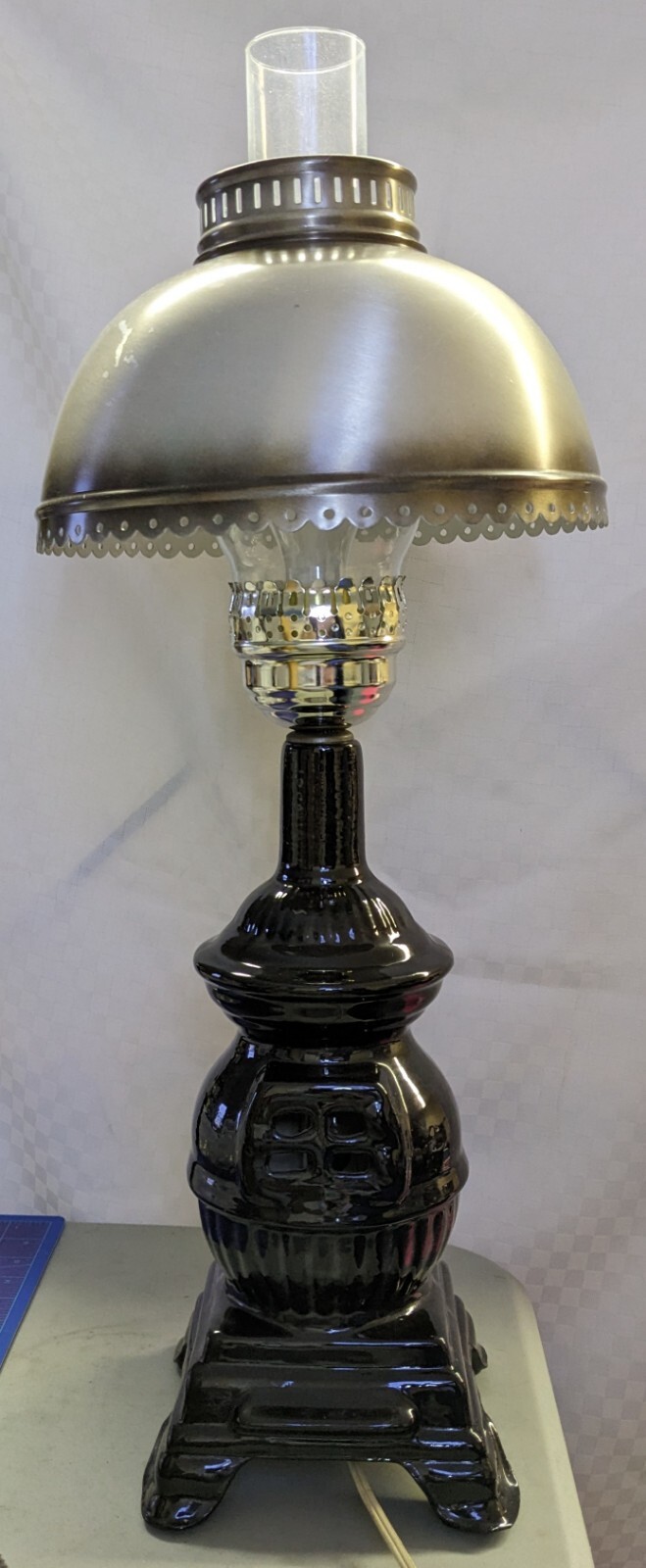 Vintage Ceramic Pot Belly Stove Lamp Plug In Black w/ Red Fire Light